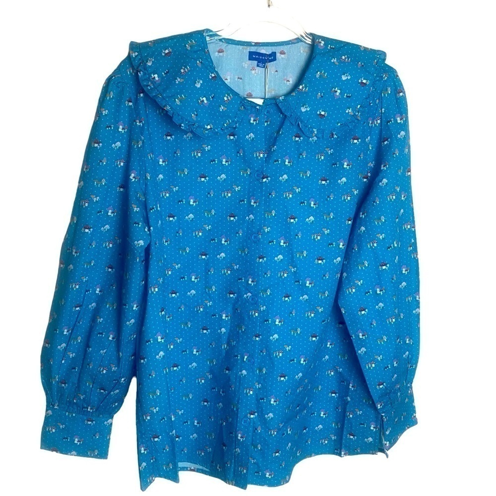 NWT Maisonette‎ Blue Polka Dot Mushroom Print Collar blouse prairie Cottagecore